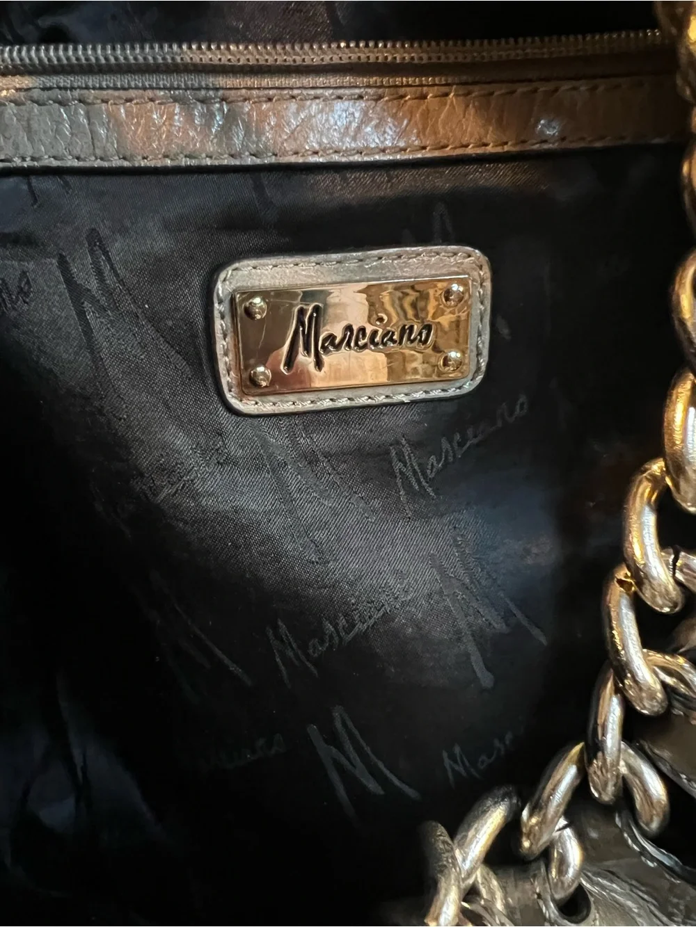Marciano Taupe Leather Hobo with Chain Hardware.